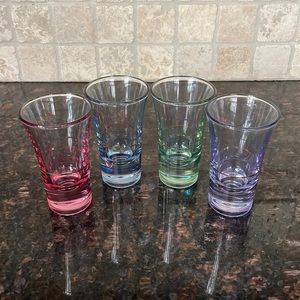 Vintage Mid-Century Modern Multi-Colored Gold Band Shot Glasses (4)
